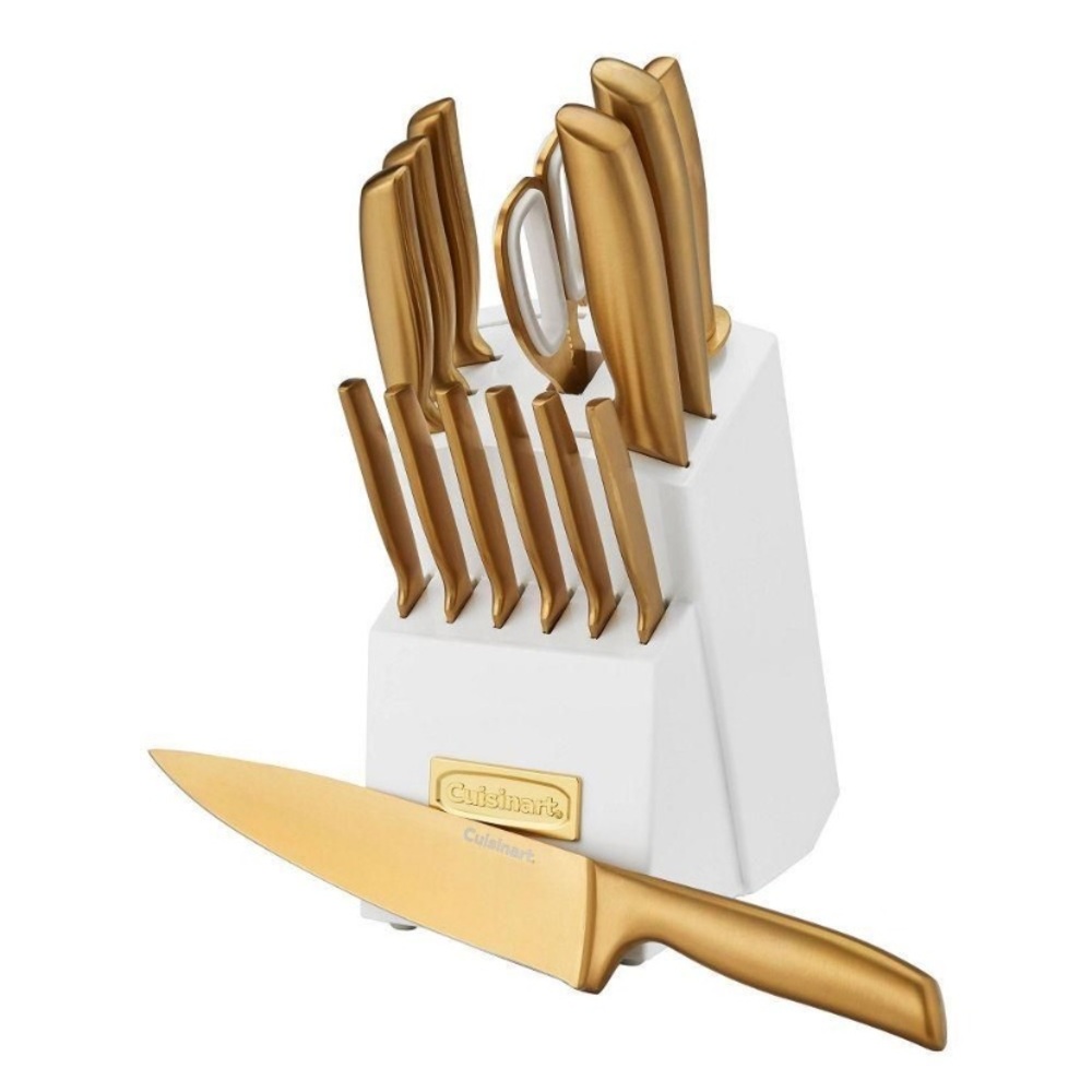 NIB Cuisinart Gold Knife Cutlery 15pc with White Classic Holder